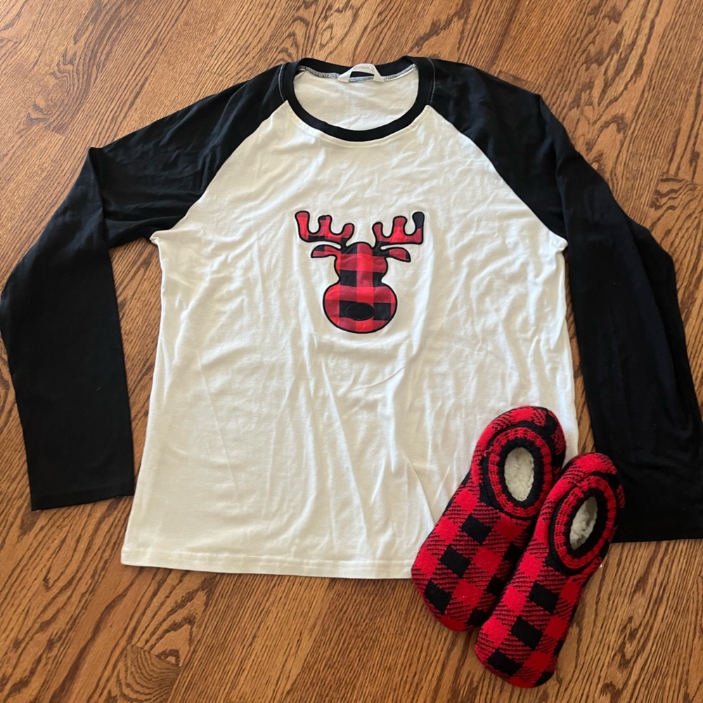 Moose PJ Top And Slippers Plaid Check Holiday Baseball Tee Medium Red Black